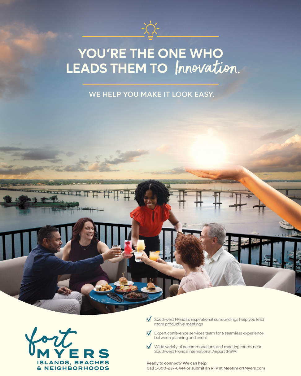 Fort Myers Meetings Print ad featuring a group of people cheersing their drinks on a rooftop bar