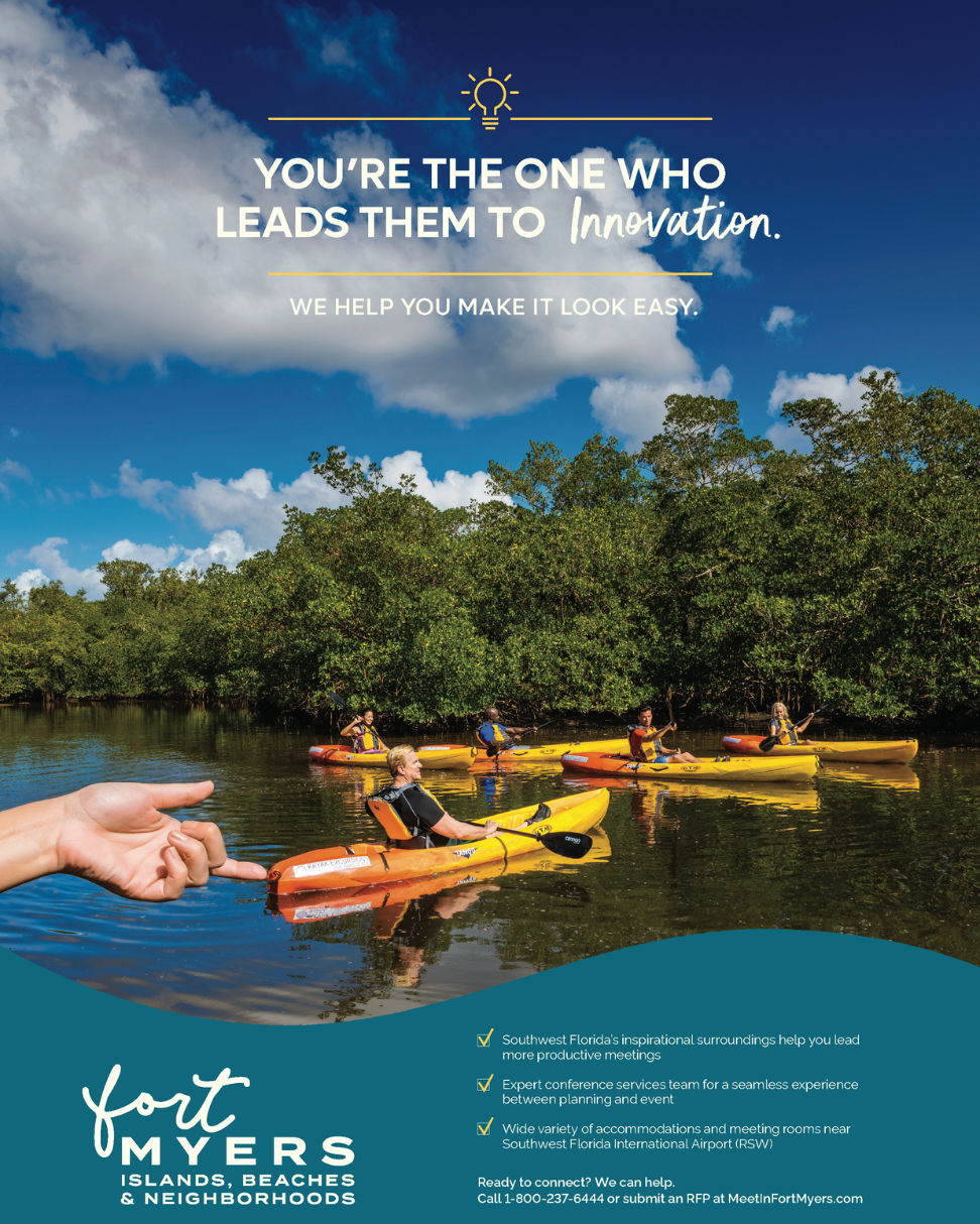 A Fort Myers meetings print ad featuring a group of people kayaking at Bunche Beach preserve