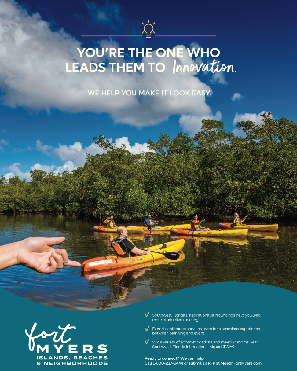 Eine gedruckte Anzeige für Meetings in Fort Myers mit einer Gruppe von Menschen, die im Bunche Beach Reservat Kajak fahren