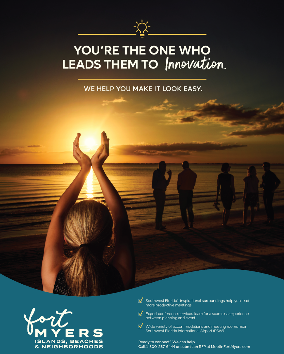 A Fort Myers meetings print ad featuring a group at sunset at Bunche Beach