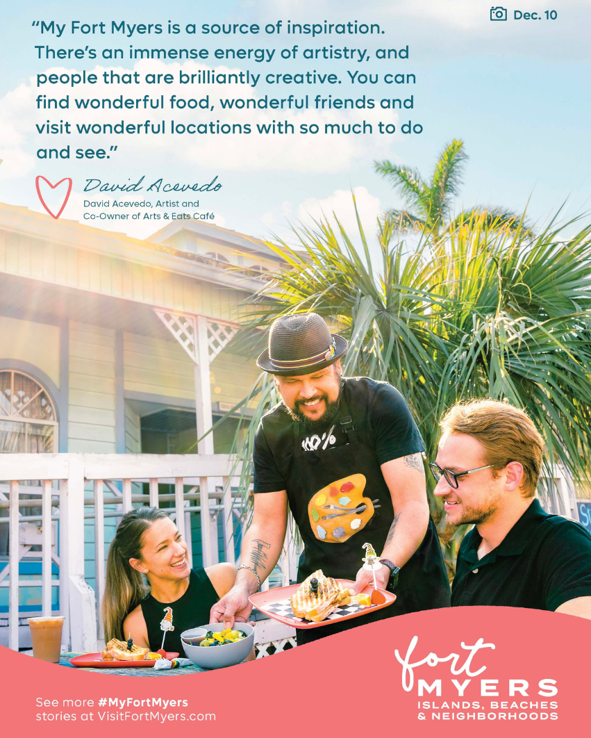 A man serves 2 people a meal at an outdoor eating table as part of a print ad for the My Fort Myers campaign.