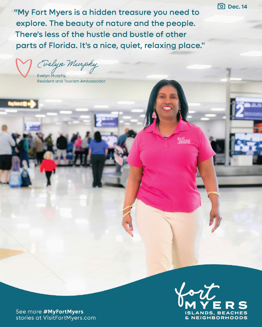 A woman walks through baggage claim at RSW as part of a My Fort Myers print ad