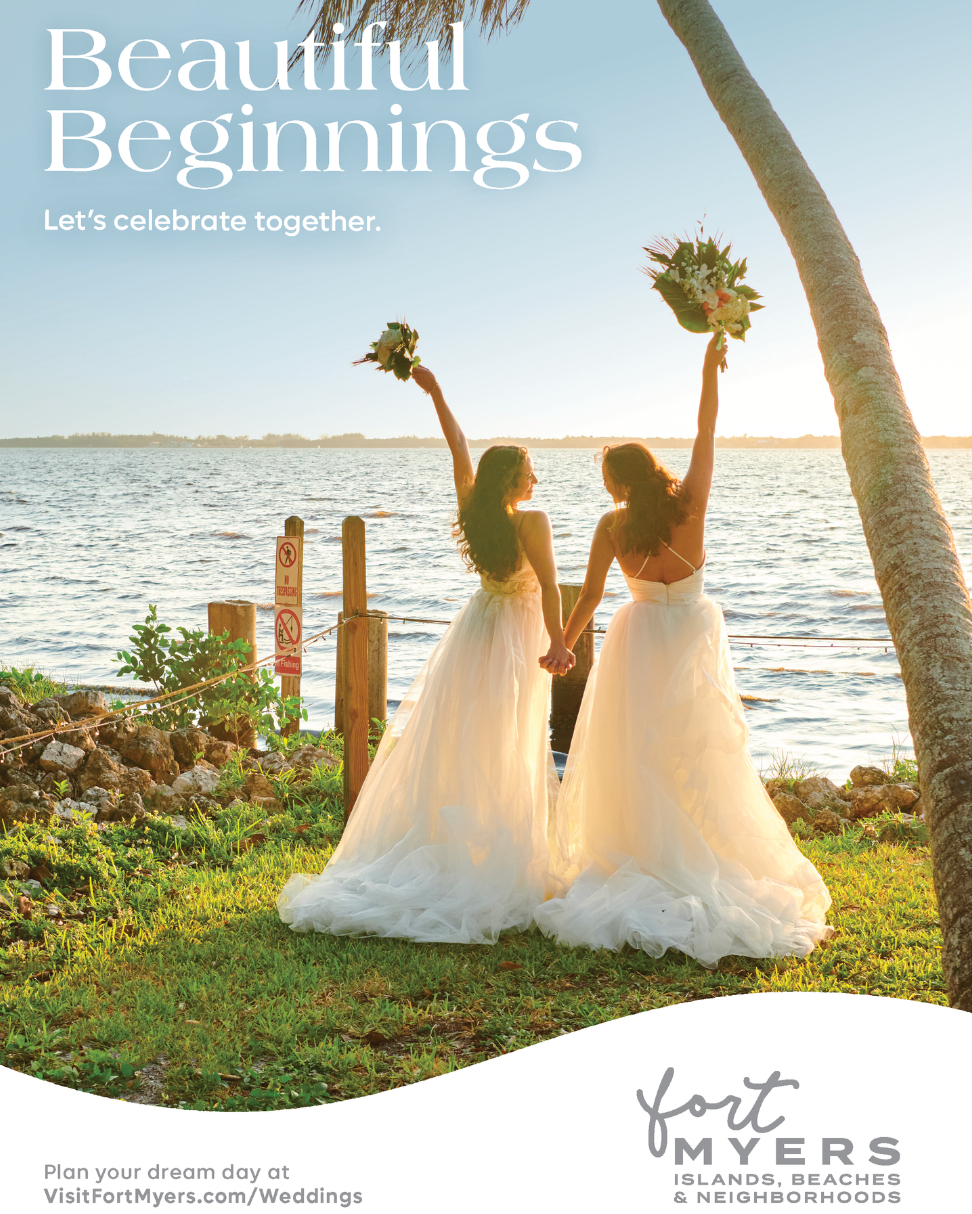 A weddings print ad featuring 2 brides along the river at Edison Ford
