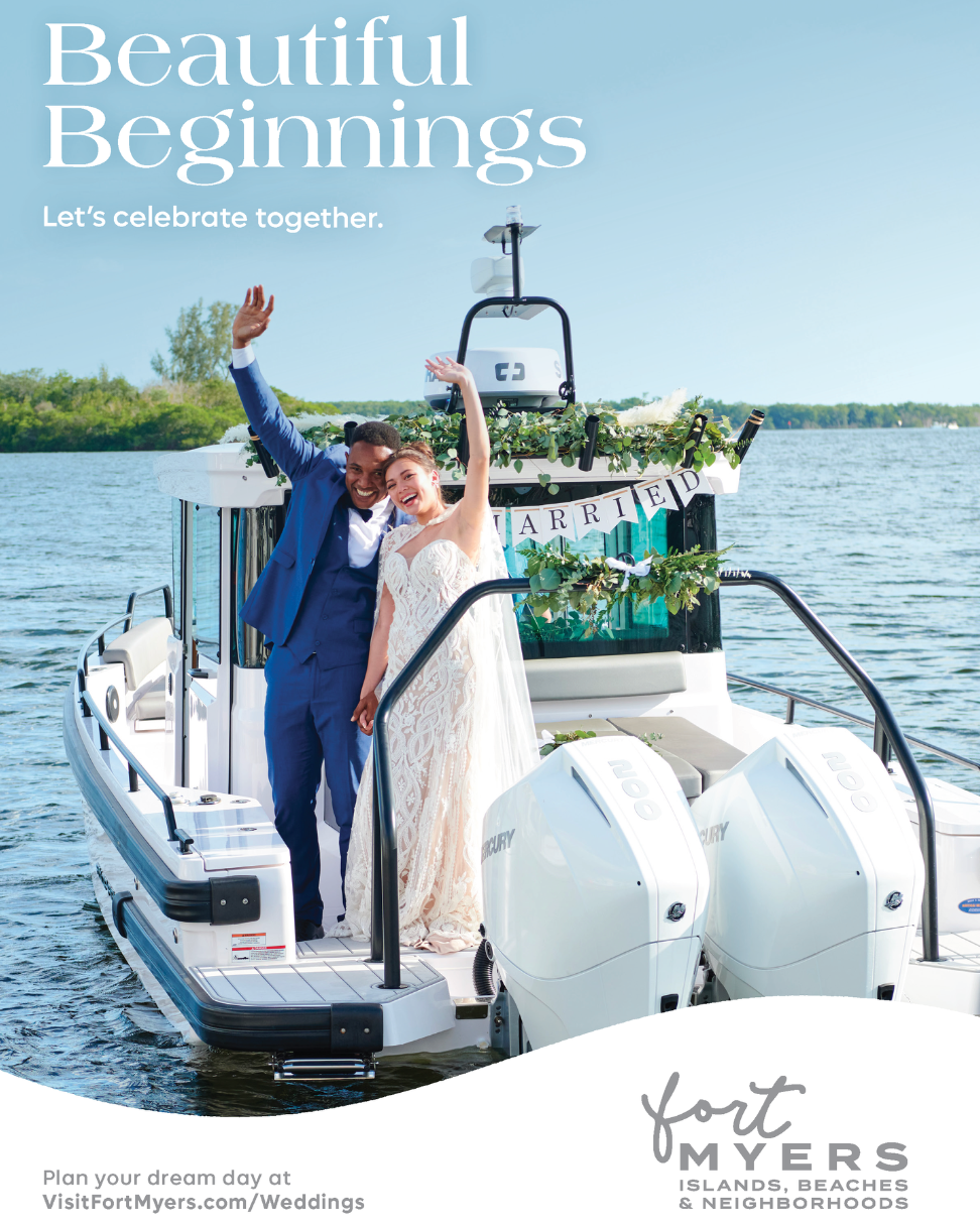 A Fort Myers weddings print ad featuring a couple just married on a boat