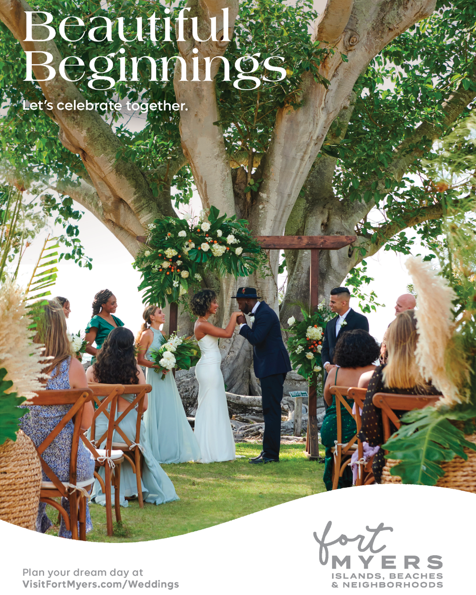 A Fort Myers Weddings Print ad featuring a wedding ceremony under a Bayan Tree at Edison Ford
