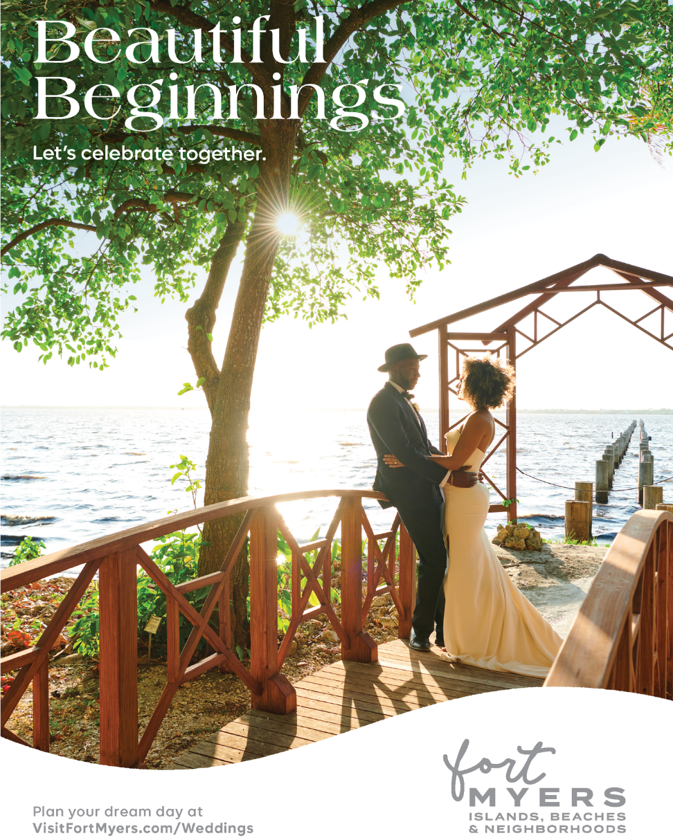 A weddings print ad featuring a couple along the waterfront at Edison Ford