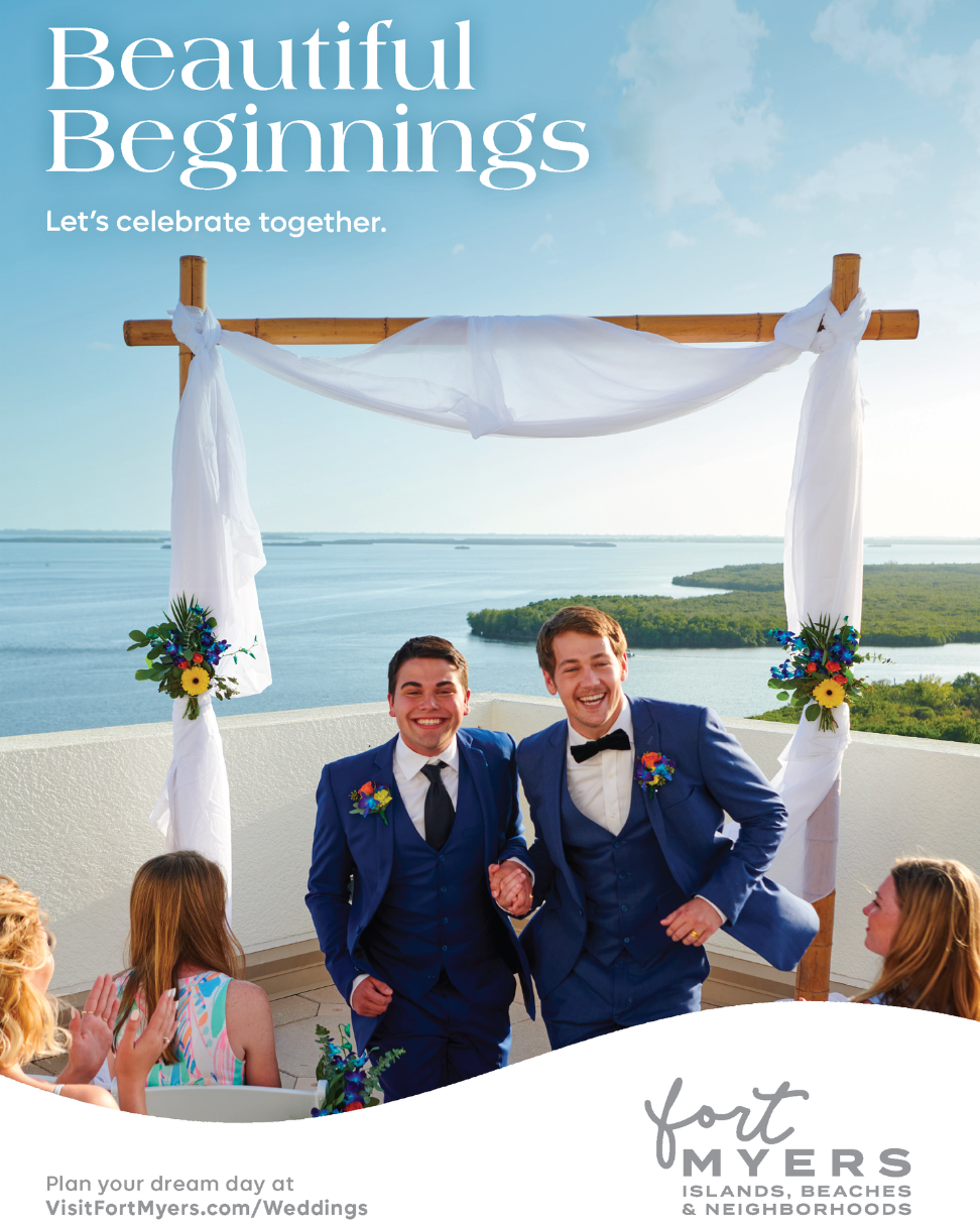 A Weddings Print ad featuring 2 groom celebrating on the rooftop of the Westin Cape Coral