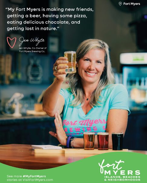 A print ad featuring a woman and a beer flight