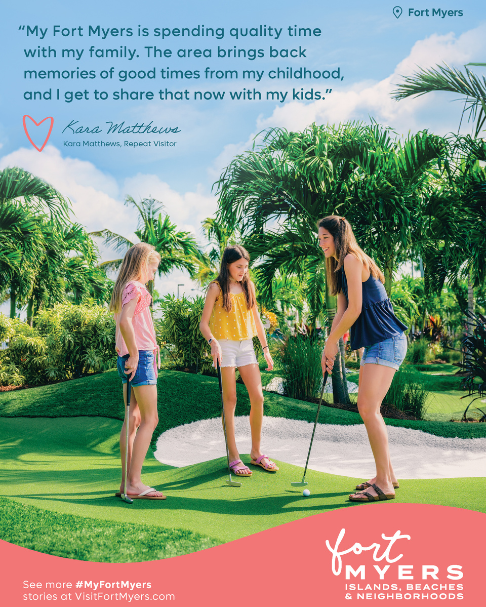 Une publicité imprimée mettant en vedette une famille jouant au mini golf