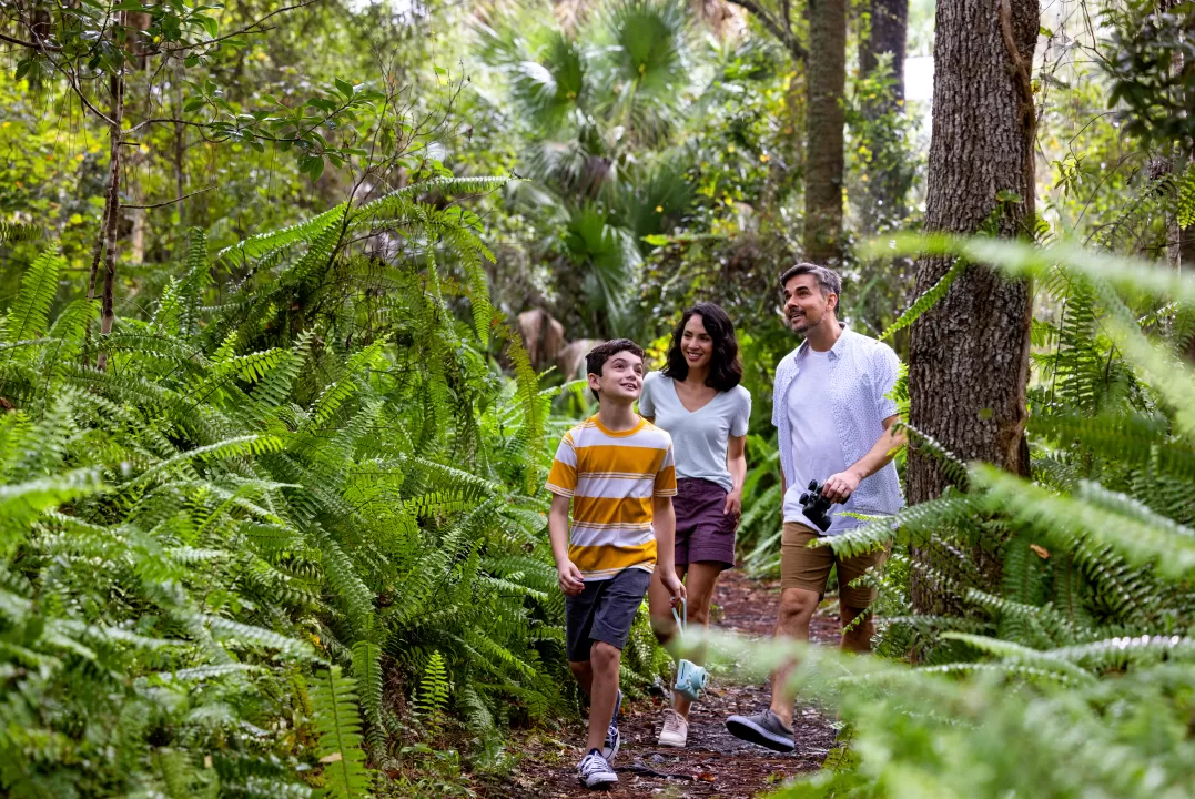 mom dad and son walking through lush green trail at caloosahatchee creeks preserve
