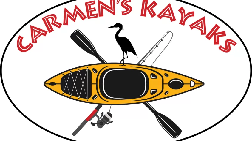 Logo avec kayak, pagaie, canne à pêche, oiseau