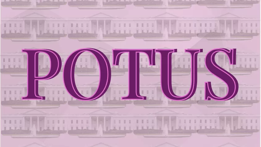 The word POTUS on a pink background with tiled White Houses
