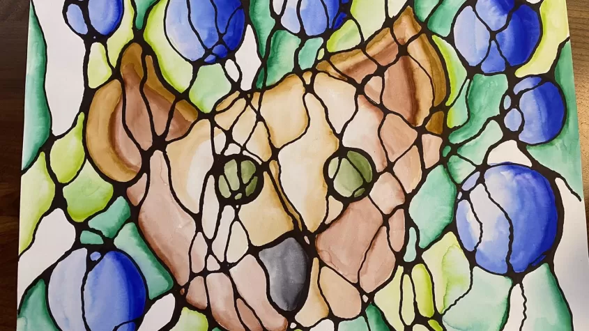 abstract drawing with black lines in waves or circles with browns, greens and blues behind