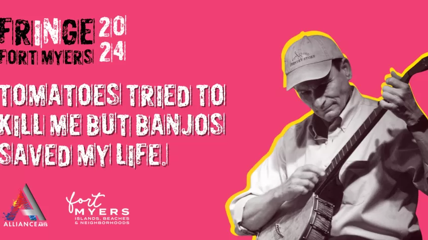 pink background with white font depicting title and black and white image of a man in a baseball hat playing a banjo