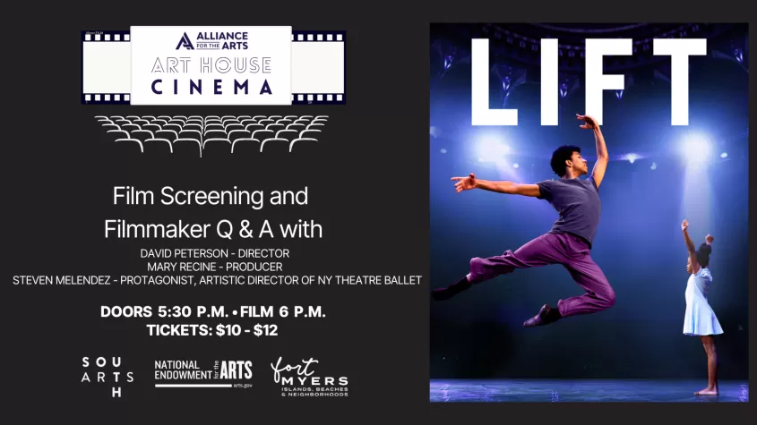 fond noir avec un chapiteau disant Art House Cinema et l'affiche de Lift mettant en vedette un homme en violet faisant un saut de ballet sur scène