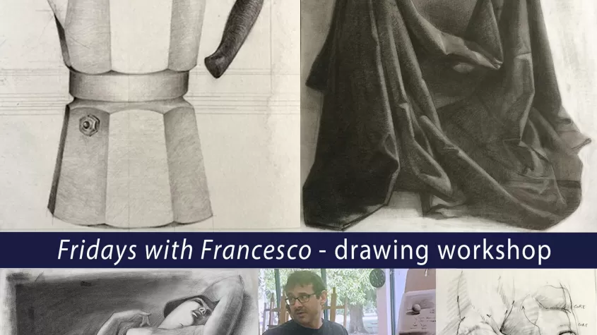 A collage of pencil drawings with a coffee pot, a blanket, a woman and a hand