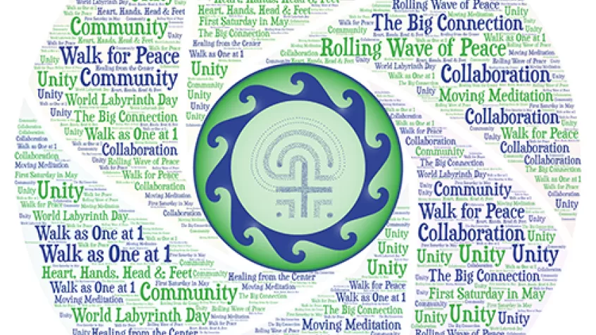 image of words in greens and blues making up a circle with labyrinth lines in it