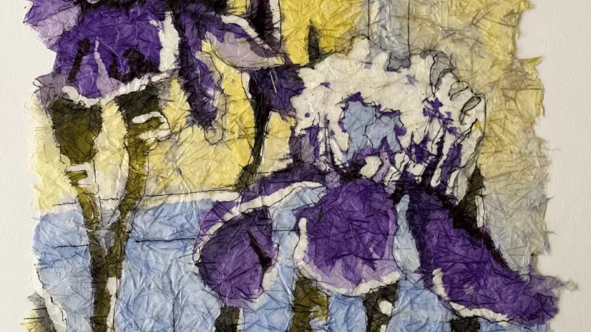 painting of iris flowers that looks like fabric