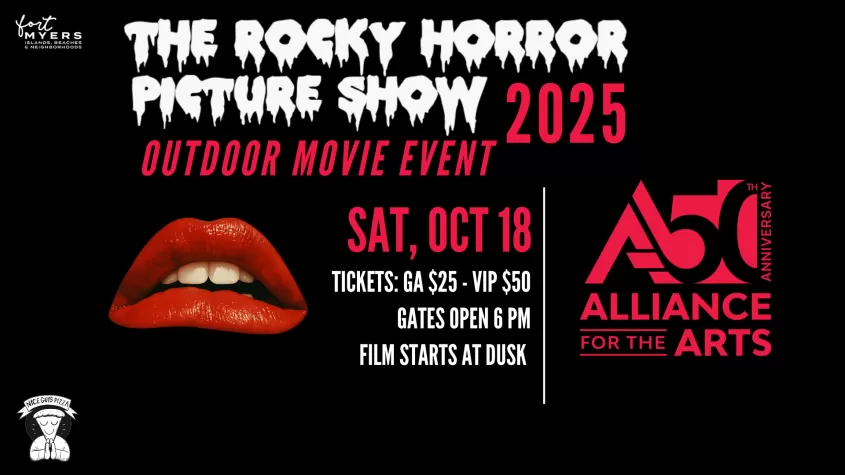 black background with white drippy letters saying rocky horror picture show and the iconic red lips used for the film