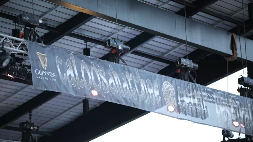 Banner listing Caloosahatchee Celtic Festival above stage 