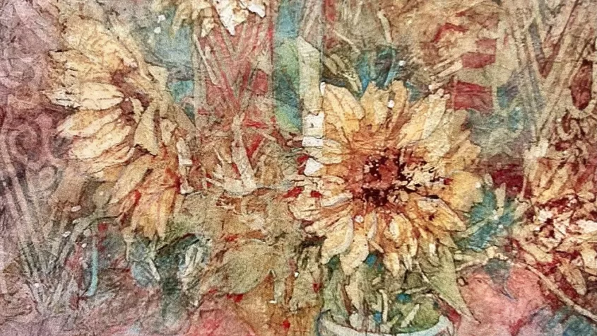 abstract image of sunflowers done in batik style painting