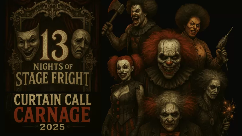 black background with haunted theatre masks on left with creepy font of 13 nights and AI generated creepy clowns on the right