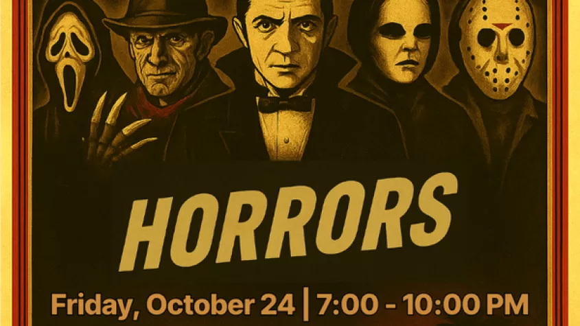 black background with vintage sepia overlay of famous horror movie villain mockups