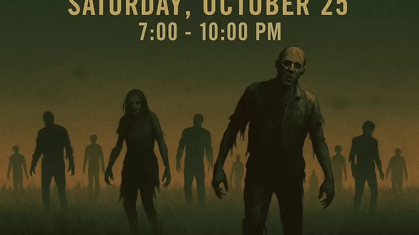 black background with creepy yellow fog overlay of zombie silhouettes  