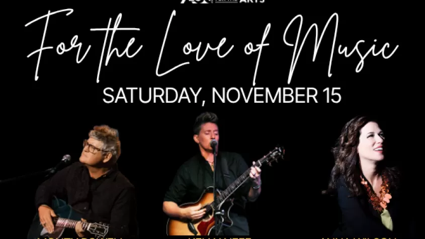 Black background with an image of a man playing guitar on the left, a woman with short hair playing guitar in the middle and a woman singing on the right