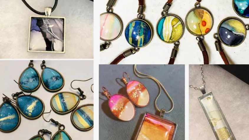 five images of jewelry in bright colors