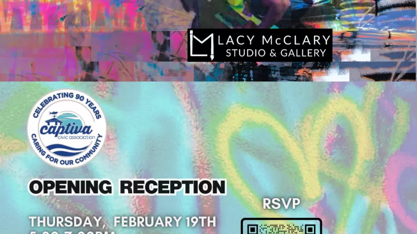 Colorful graphic of text overlayed on spray painted hearts with image of artist painting at the top