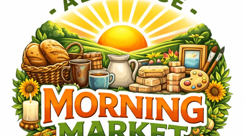 Illustrated “Alliance Morning Market” logo with a sunrise over hills, surrounded by bread, coffee, flowers, and artisan goods.