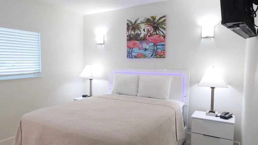 queen bed with sheets and pillows, nightstand on each side of bed, a lamp on each nightstand, picture above bed, and tv to the side wall