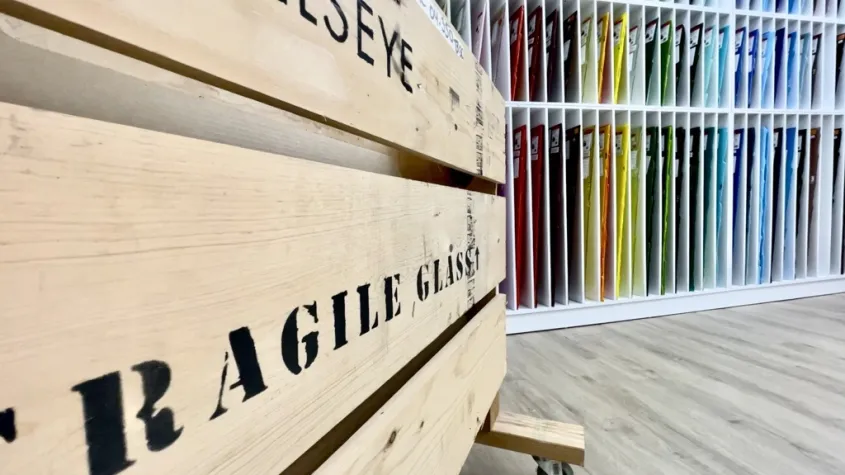 Close-up of a rustic wooden display marked “Fragile Glass” beside white shelving filled with colorful sheets of art glass organized by color.