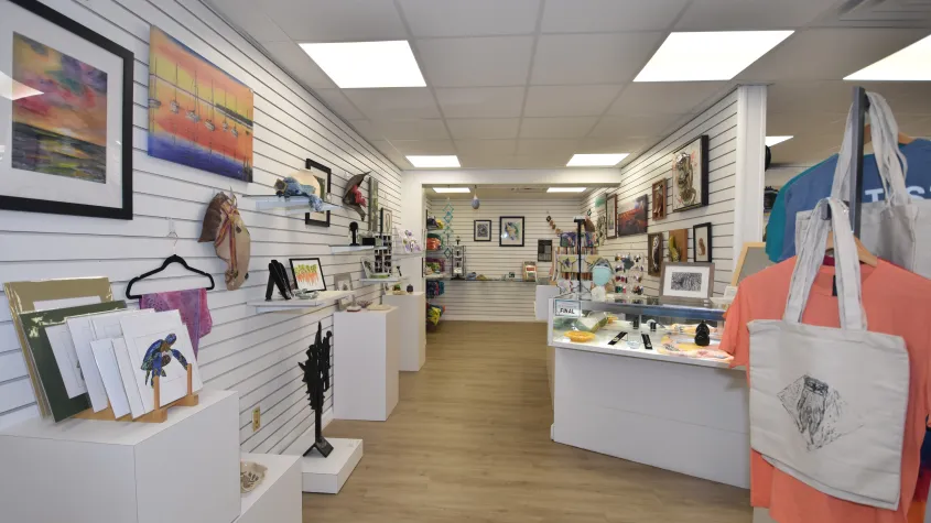 Bright gallery gift shop featuring original artwork and handcrafted items displayed on white walls, shelves, and pedestals. Framed art, jewelry, ceramics, cards, accessories, and artist-designed clothing and tote bags fill the inviting space.