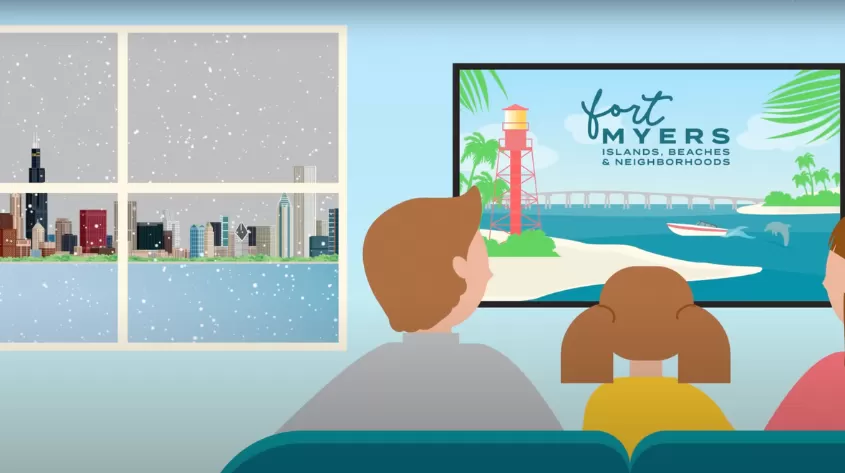 Eine Karikatur einer Familie, die sich im Fernsehen eine Fort-Myers-Werbung ansieht