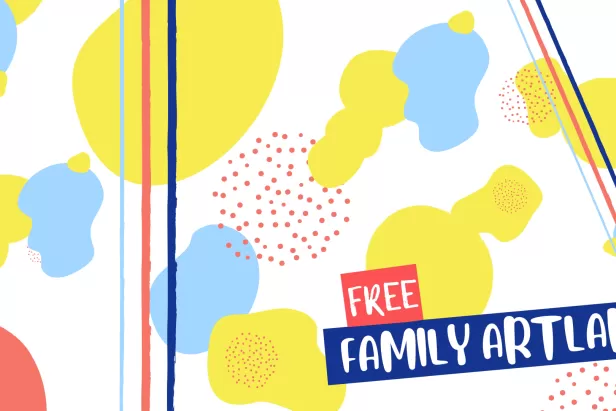 Manchas amarillas, azules y rojas con texto de laboratorio de arte familiar gratuito en blanco