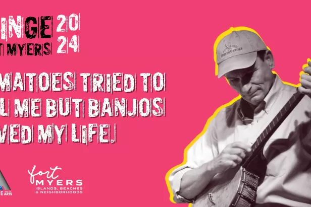 pink background with white font depicting title and black and white image of a man in a baseball hat playing a banjo
