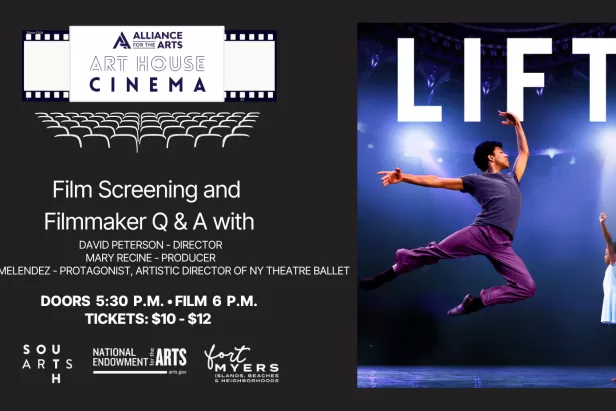 fondo negro con una marquesina que dice Art House Cinema y el cartel de Lift que muestra a un hombre vestido de púrpura dando un salto de ballet en el escenario