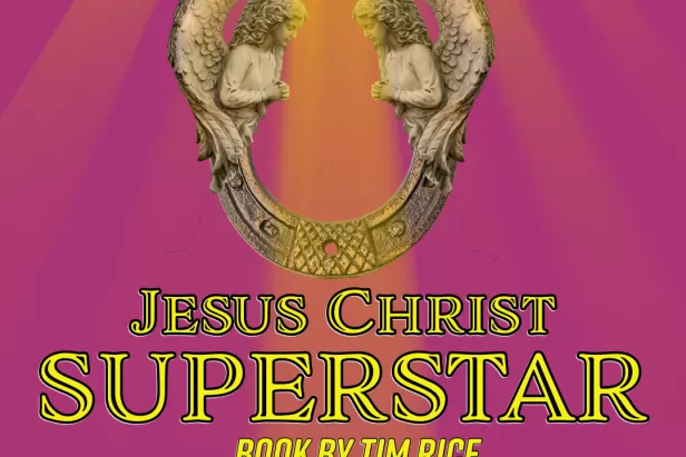 Una imagen de un rayo de luz que resalta a dos ángeles sobre el título Jesucristo Superestrella