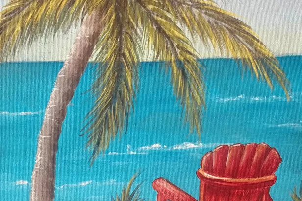 Acrylgemälde eines roten Adirondack-Stuhls am Strand mit einer Palme