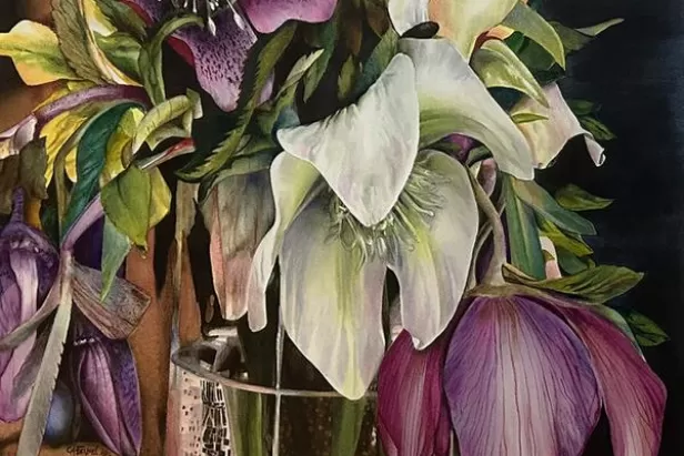 watercolor painting of lilies and their leaves in a glass vase

