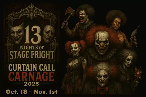 black background with haunted theatre masks on left with creepy font of 13 nights and AI generated creepy clowns on the right