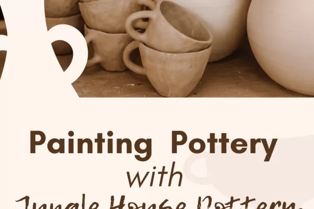 beige image with plain pottery pitchers and mugs and the words painting pottery at the bottom in brown
