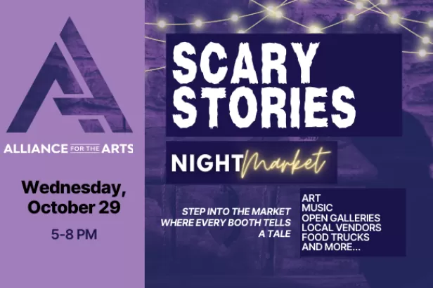 dark and light purple overlays of a "scary" background with twinkle lights at the top and the words scary stories in creepy font