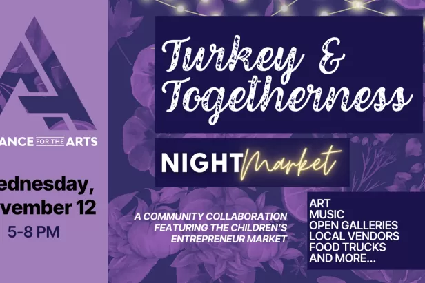 Purple background of fall food items, with a light purple logo overlay on the left, cafe lights along the top and the words turkey & togetherness in cursive
