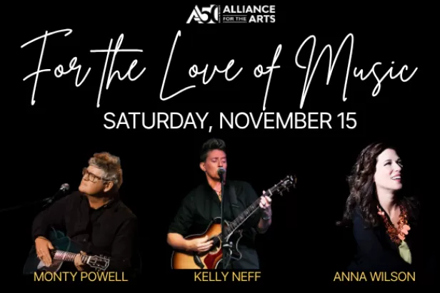 Black background with an image of a man playing guitar on the left, a woman with short hair playing guitar in the middle and a woman singing on the right
