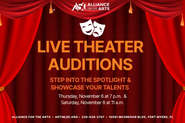 Red curtains with the theatre masks at the top and yellow font depicting the event title, date and times
