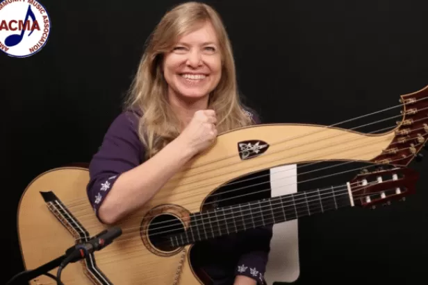 Muriel Anderson holding a harp guitar; ACMA logo in corner
