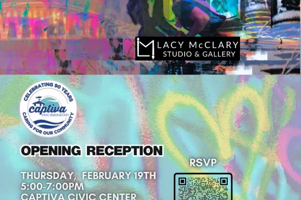 Colorful graphic of text overlayed on spray painted hearts with image of artist painting at the top
